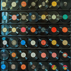 Collection of vintage vinyl records displayed on a black shelf, showcasing a variety of album covers and colors in an organized monochromatic arrangement