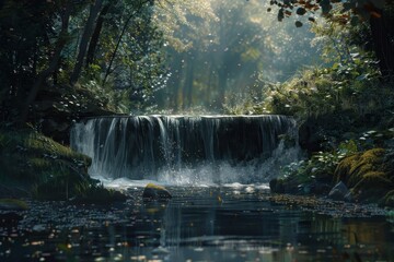 Tranquil waterfall flowing over rocks in a lush forest, reflecting soft sunlight amidst serene surroundings