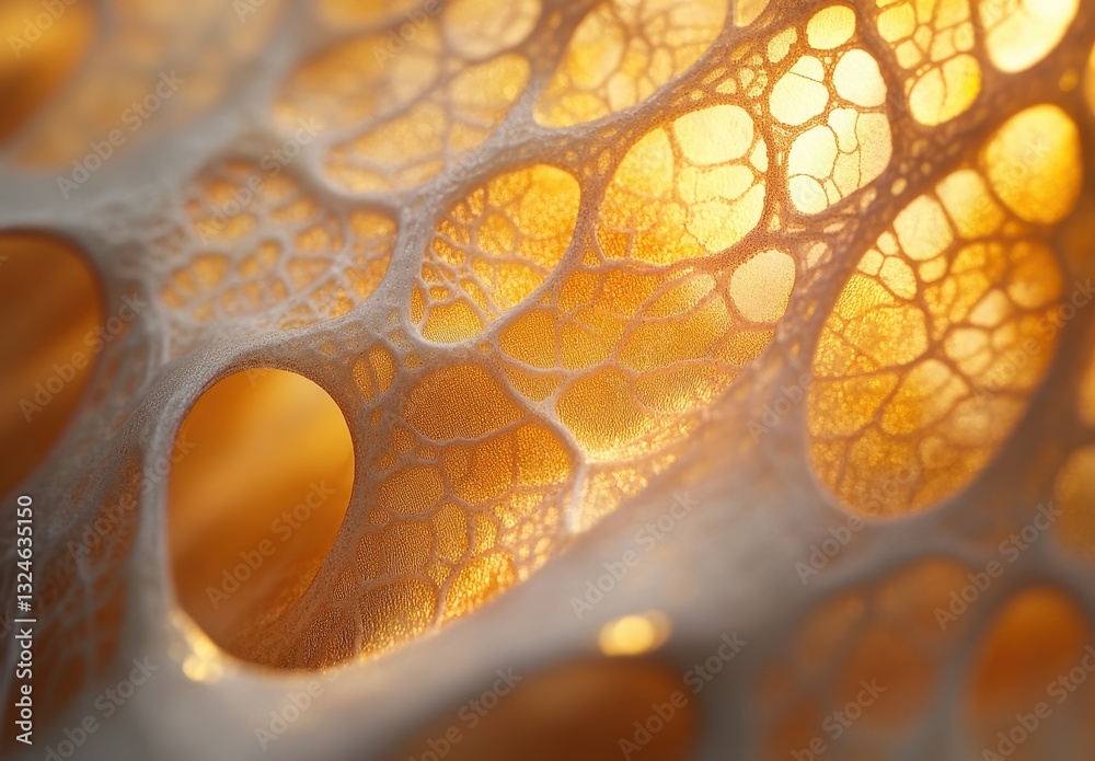 Poster intricate macro structure of organic material with transparent patterns illuminated from behind, sho