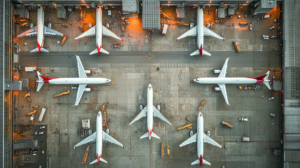 Dozens of commercial airplanes parked in an airport hangar at dusk, showcasing the bustling activity and organization of airline operations