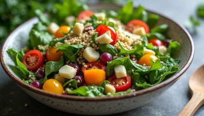 Fresh and vibrant bowl of salad brimming with an array of leafy greens and colorful vegetables offering a healthy and nutritious meal option for a balanced and energizing diet
