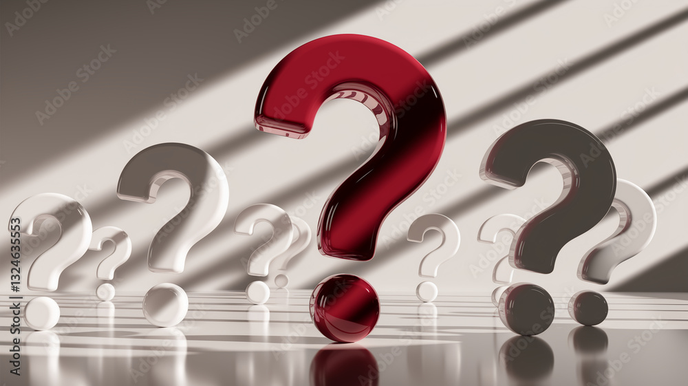 Poster 3d rendering of question marks in red, white, and gray, glossy texture, on a reflective surface, sym