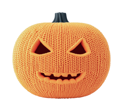 Knitted jack-o'-lantern with cheerful grinning face, cut out