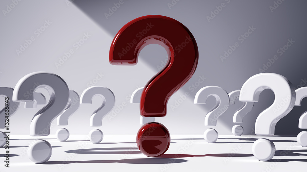Poster Red question mark stands out among white ones, symbolizing unique solution or important question,  against a simple background, creating a minimal concept