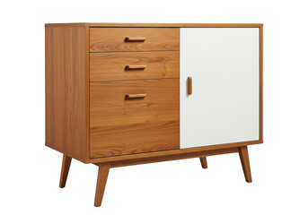 A stylish mid-century modern wooden cabinet with a minimalist design isolated on transparent background