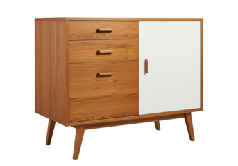 A stylish mid-century modern wooden cabinet with a minimalist design isolated on transparent background