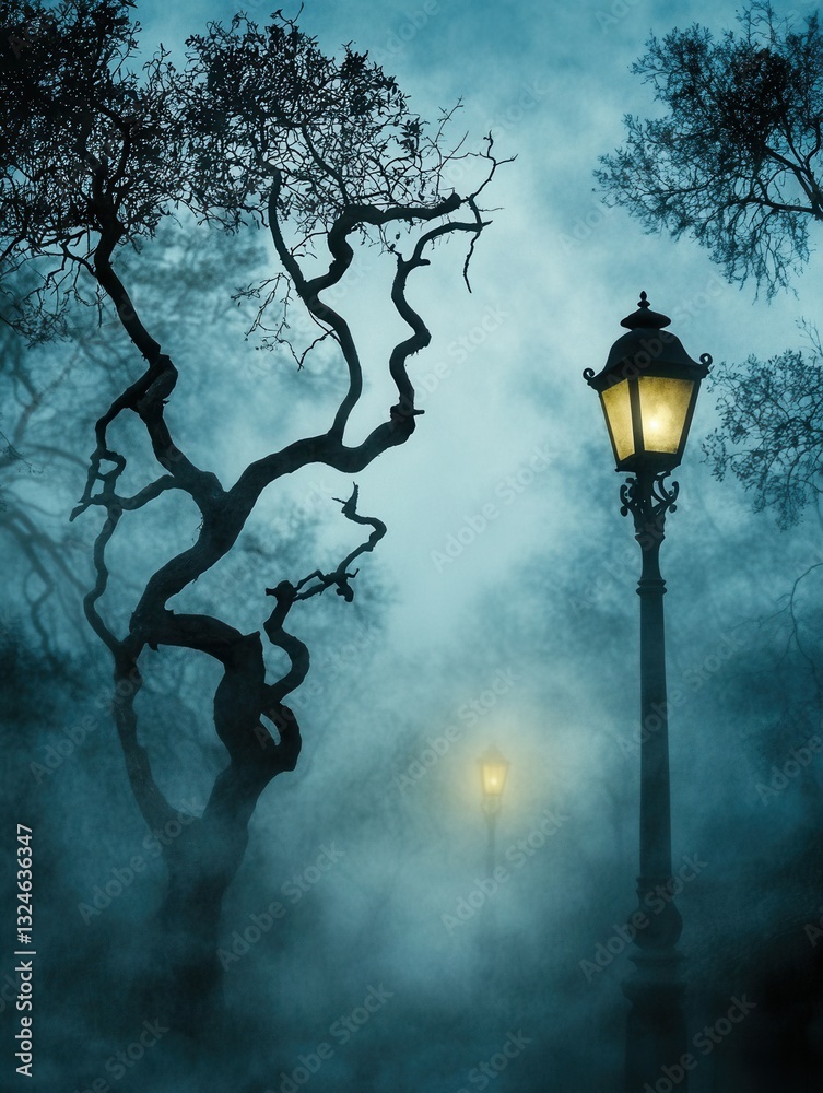 Poster eerie fog rolls through a dark forest illuminated by a single dim street lamp in the distance
