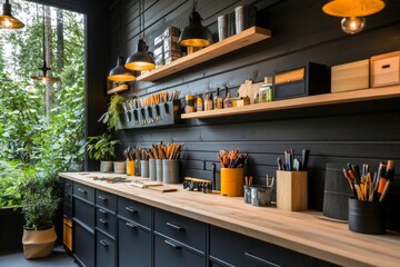 A garage designed for a DIY enthusiast, with materials for building and crafting stored on open shelves