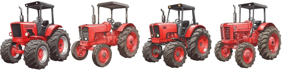 Obraz premium Red Tractor Watercolor Illustration - A vibrant watercolor painting of four red tractors with large tires and black roofs, symbolizing agriculture, power, rural life, hard work, and progress