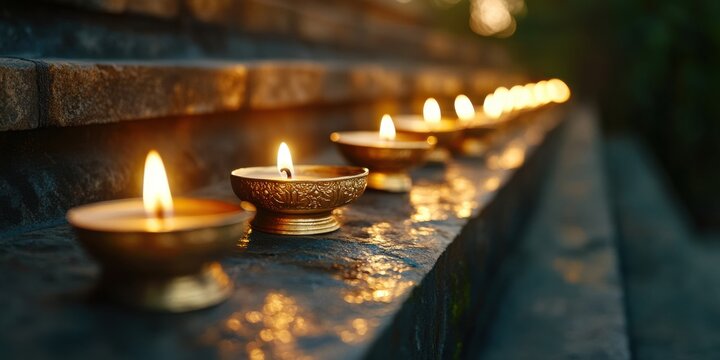 temple illumination, candles and oil lamps line the temples stone steps, casting a warm golden glow on the sacred space