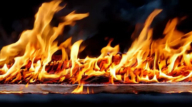 Flames dancing over a wooden log, creating a warm ambiance against a dark backdrop