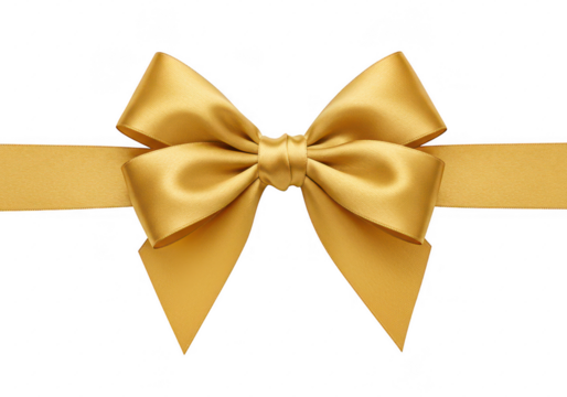 A luxurious gold satin bow with symmetrical loops and long trailing ribbon ends isolated on transparent background