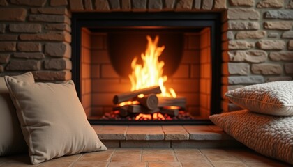 Warm and inviting scene of a glowing fireplace surrounded by soft plush cushions creating a cozy and relaxing atmosphere perfect for a serene and comforting home interior setting