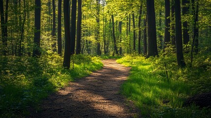 Enchanting Spring Forest Path in Lush Greenery - Scenic View
