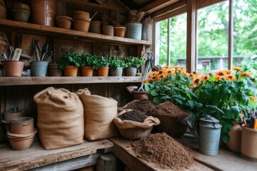 A garage with tools and storage solutions for gardening, including a neatly stacked pile of soil bags and watering cans