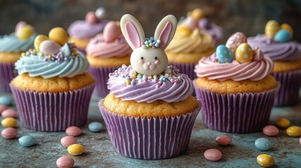 Easter cupcakes with bunny toppers and colorful candy decoration. Easter, Pascha, Paskha, Ostern, Pascua, Paques - Orthodox and Catholic Holiday celebration