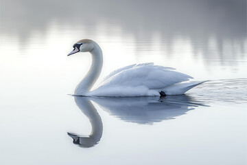 Fototapeta premium A serene swan gliding across a calm lake, reflecting its beauty in the gentle water, surrounded by a misty landscape.