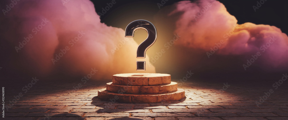 Poster a 3d rendering of a question mark on a stone pedestal against a dramatic, smoky background. the scen