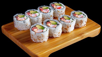 Ten pieces of sushi rolls with avocado, crab, and sesame seeds on a wooden board.
