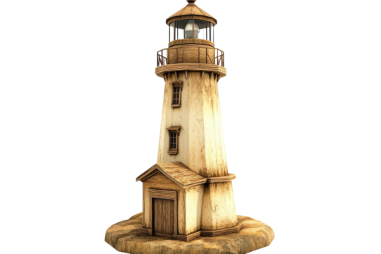 A solitary lighthouse stands tall on a rocky shore under a bright sun, guiding boats safely home isolated on transparent background