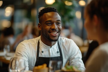 Fototapeta premium a waiter is smiling to the customer in the restaurant.
