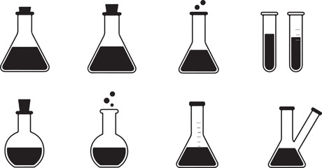 Lab flasks black silhouette test icon set, flasks for chemical experiments. Glass flask for alchemy, magic drinks. Science laboratory icons. Chemistry icon.
