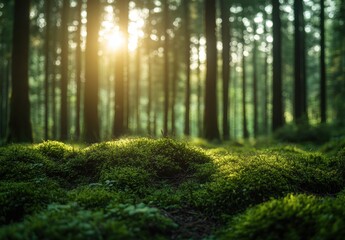 Fototapeta premium Lush Green Forest Moss Under Soft Sunlight Filtering Through Tall Trees in Serene Natural Setting