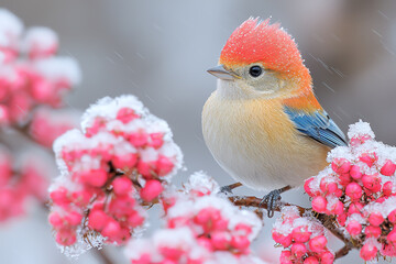A vibrant bird perched on snowy pink blossoms, showcasing nature's beauty in a winter landscape.