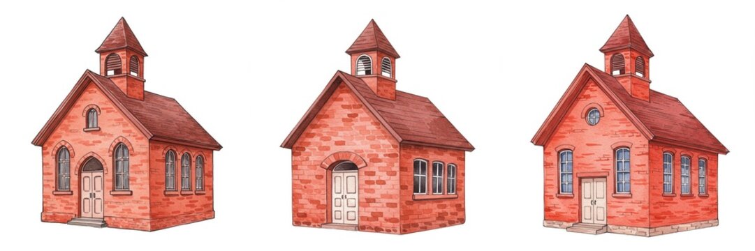 Watercolor Illustration of a Brick Schoolhouse - A charming watercolor illustration of three identical red brick schoolhouses, symbolizing education, community, learning, childhood, and tradition