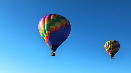 Two Vibrant Multicolored Hot Air Balloons Soaring Against A Clear Blue Sky On A Sunny Day
