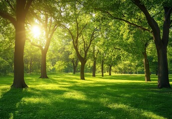 Naklejka premium Lush Green Forest with Sunlight Filtering Through Trees in a Peaceful Natural Landscape