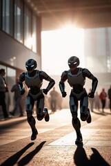 Obraz premium Futuristic Robots Running in Urban Setting