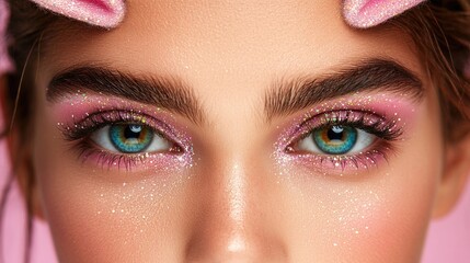 Naklejka premium Close-up of woman's glitter pink eye makeup and green eyes. Easter, Pascha, Paskha, Ostern, Pascua, Paques - Orthodox and Catholic Holiday celebration