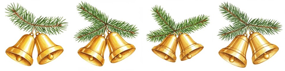 Golden Bells and Pine Branch Illustration - Watercolor illustration of golden bells hanging from a pine branch, symbolizing holiday cheer, winter festivities, joyful celebration, Christmas spirit