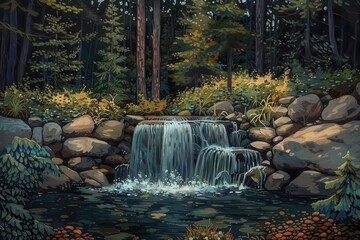 Fototapeta premium Tranquil waterfall flowing over rocks in a lush forest, reflecting soft sunlight amidst serene surroundings