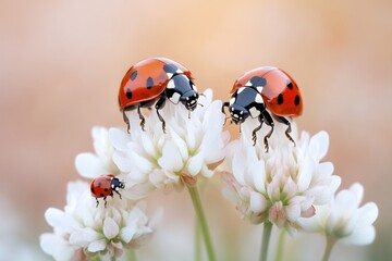 A group of ladybugs enjoying a small patch of fresh clover, with soft, natural lighting