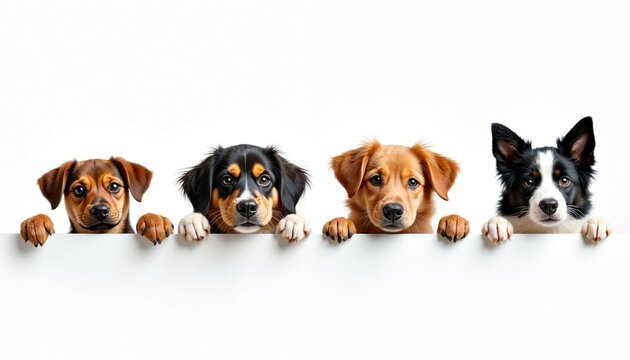 Four cute puppy dogs peeking over blank banner isolated on white background. Puppies hang together paws up, pets look surprised. Group of adorable canine mammal animals needs your message.