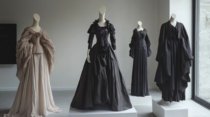 Naklejka premium A quartet of elegantly displayed vintage dresses evoking historical charm
