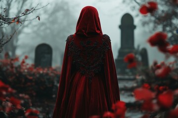 A haunting image of a Viva Magenta velvet cloak with intricate black embroidery, worn by a figure standing in a misty graveyard