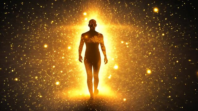 Golden figure emerges from light particles symbolizing self awareness and transformation