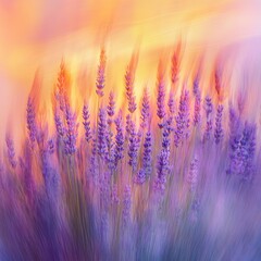 Fototapeta premium Dreamy lavender field with abstract motion blur and warm color palette