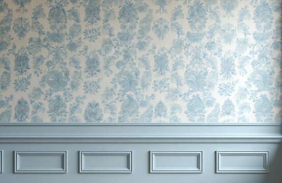 Fototapeta Background of vintage blue, white damask wallpaper with wainscoting. Classic floral pattern, elegant victorian style home decor. Interior wall design in retro house, seamless texture, old fashioned