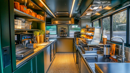 Mobile food truck eatery and cafe on wheels, featuring a stylish dark green exterior, offering a variety of delicious dishes and beverages