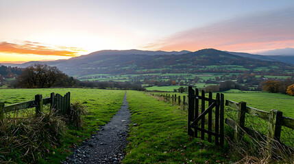 Sunset Landscape View Over Grassy Field With Pathway Wooden Fence And Hilly Background