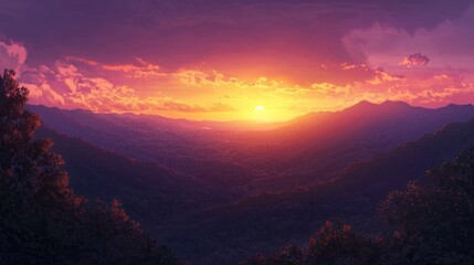 Obraz premium Vibrant sunset over majestic mountain range. (1)