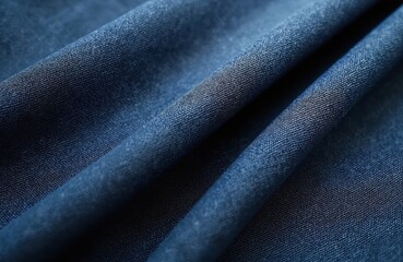Fototapeta premium Smooth indigo denim fabric texture with minimal fading and sharp textile. Classic indigo color, denim cloth background for apparel, fashion. Stylish cotton canvas textile with diagonal fold.
