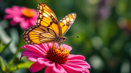 Obraz premium Vibrant Monarch Butterfly on Bright Pink Flower in Lush Garden Setting