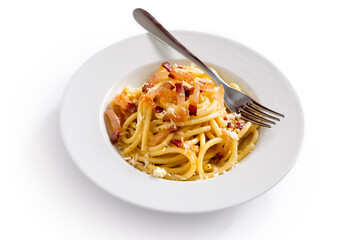 Bucatini alla gricia, ricetta tradizionale della cucina romana, pasta italiana, gastronomia europea 