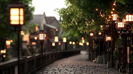 Lantern Lit Pathway Through Historic Town Buildings Illuminated Warmly In The Evening