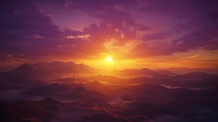Vibrant sunset over majestic mountains and fog.